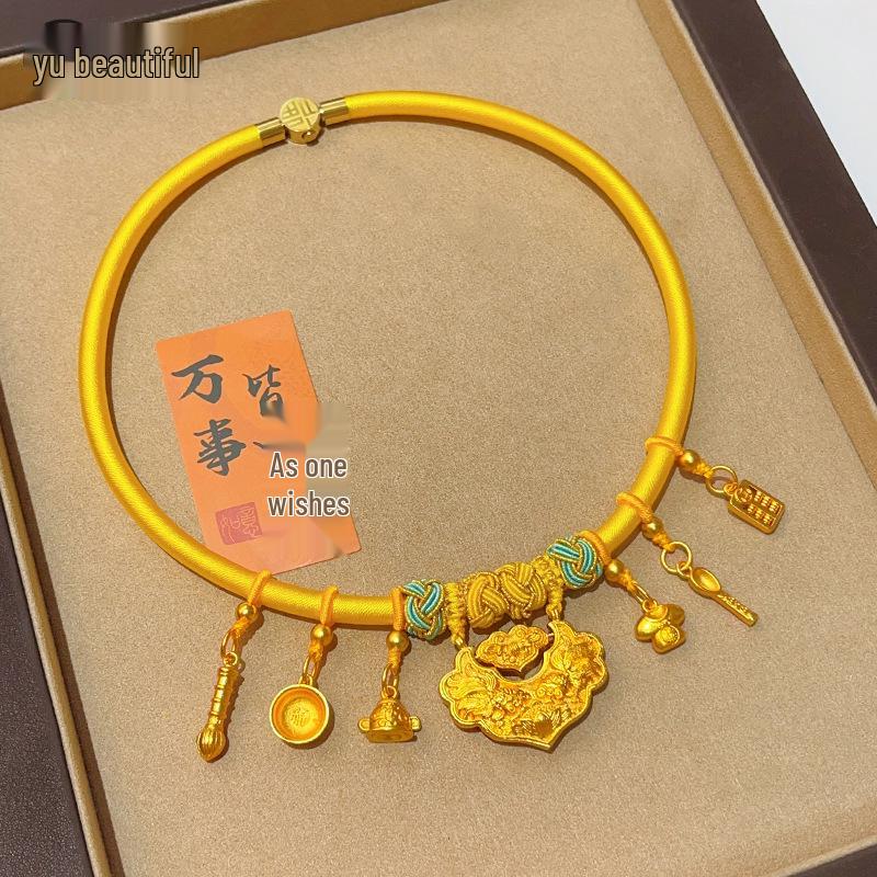 

Древнее золотое колье-чокер с колокольчиком безопасности и девятью подвесками - замок благословения Жуи и плетеный кулон Цилинь, идеальный подарок на первый день рождения