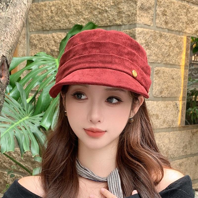 

Новая шляпа Женская замшевая плиссированная шляпа для верховой езды Ретро старая шляпа газетчика с плоским верхом Литературная шляпа художника Трендовая M（56-58cm）