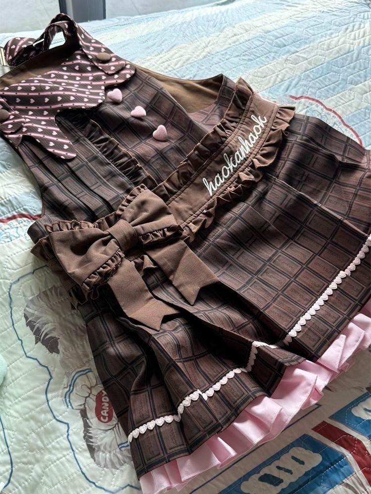 Japanese Sweet Lolita JSK Dress Heart Button Bow Detail Brown Pink Chocolate Plaid Decoration Harajuku Subculture Kawaii Outfit