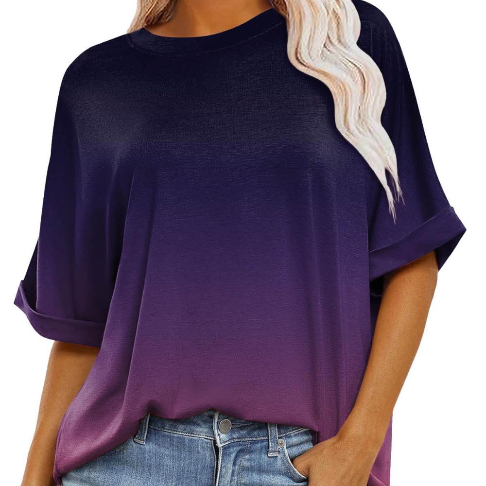 Stripete graduerte trykk rund hals kortermet for kvinner Sommer Uformell Løs mote Pullover T-skjorte Arbeidsferie Pustende Lett Compy Topp