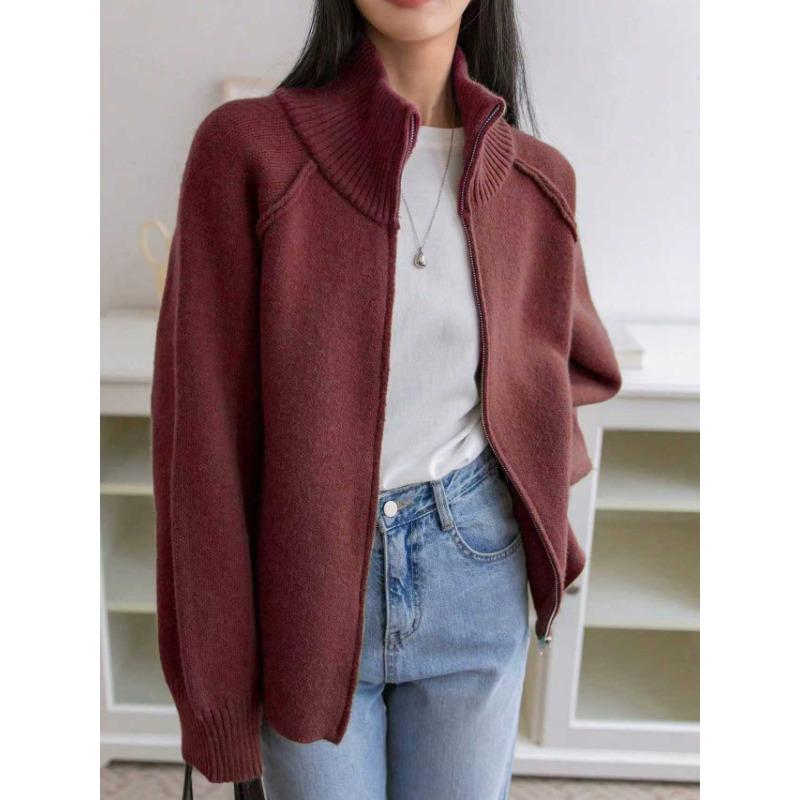 Sweater Coat Women's Autumn Winter New Korean Style Solid Color Stand Collar Zipper Knitted Cardigan Top