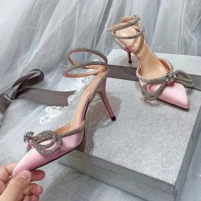 Women's Crystal Bowknot Satin Pumps Fashion Glitter Rhinestones Shoes Genuine Leather High Heels Party Prom Sandals  Summer