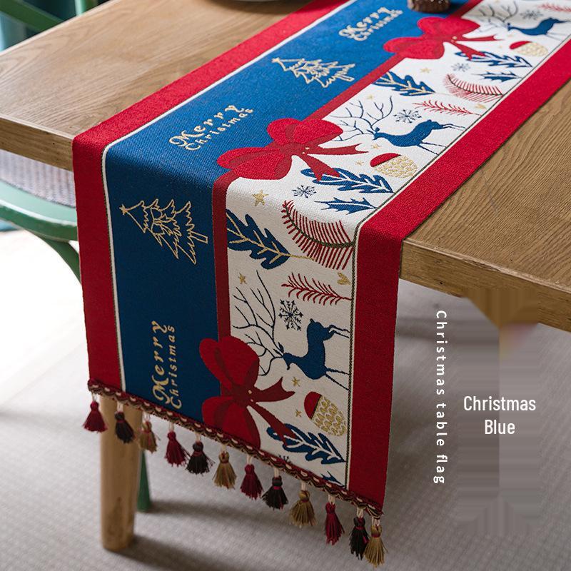 Jacquard Yarn-Dyed Christmas Snowman Reindeer Tassel Polyester Table/Bed Runner