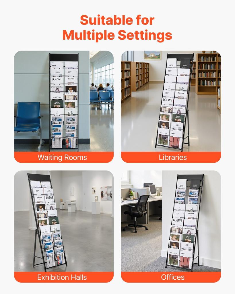Brochure Display Rack, 20 Pockets Magazine Literature Display Stand, Portable Floor Standing Magazine Rack, Metal Newspaper Catalog Holders for Shop,