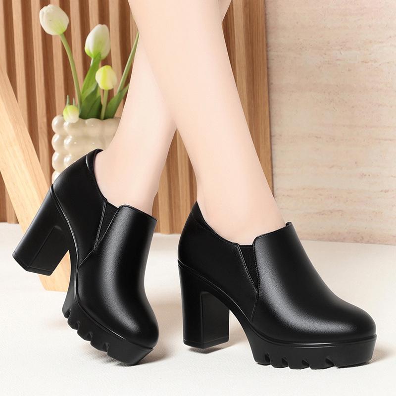 Round Toe Deep Mouth Single Shoes High Heels Thick Heels Versatile Spring Autumn Thick Sole Waterproof Platform Leather Shoes