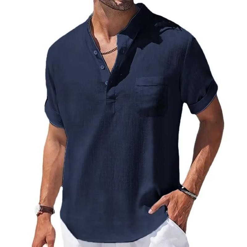 Casual Stand-up Collar Solid Color Short-sleeved Linen Shirt Fashion Breathable Loose Youth Basic Pocket Top