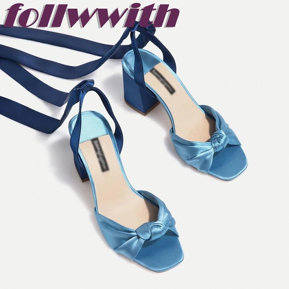 Silk Knot Lace Up Sandals Cross Tied Ankle Wrap Chunky Heel Concise Round Toe Party 2025 New Arrival Summer Woman Shoes