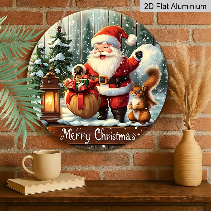 2D Flat, 1pc Rustic Farmhouse Round Aluminum Hanging Sign - Vintage Santa & Squirrel Christmas Holiday Decoration for Door/Wall Ornament, Suitable