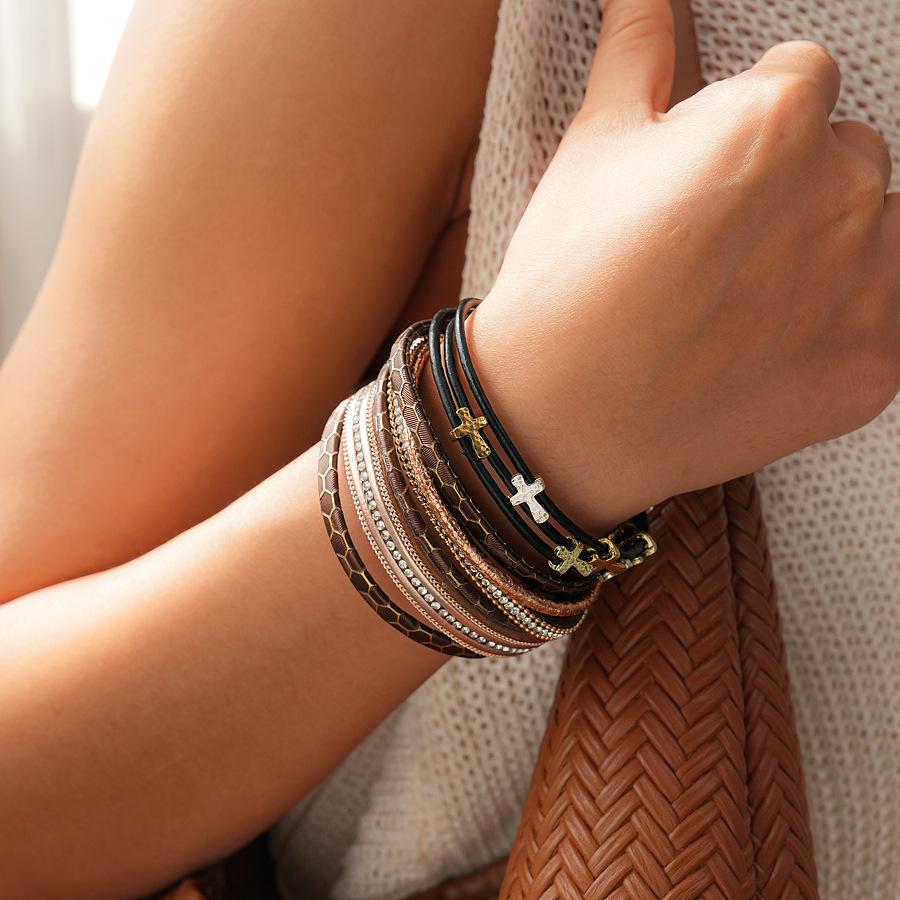 Leather Diamond Cross Multi-layer Magnetic Bracelet Autumn and Winter Personality Hip-hop Niche Jewelry