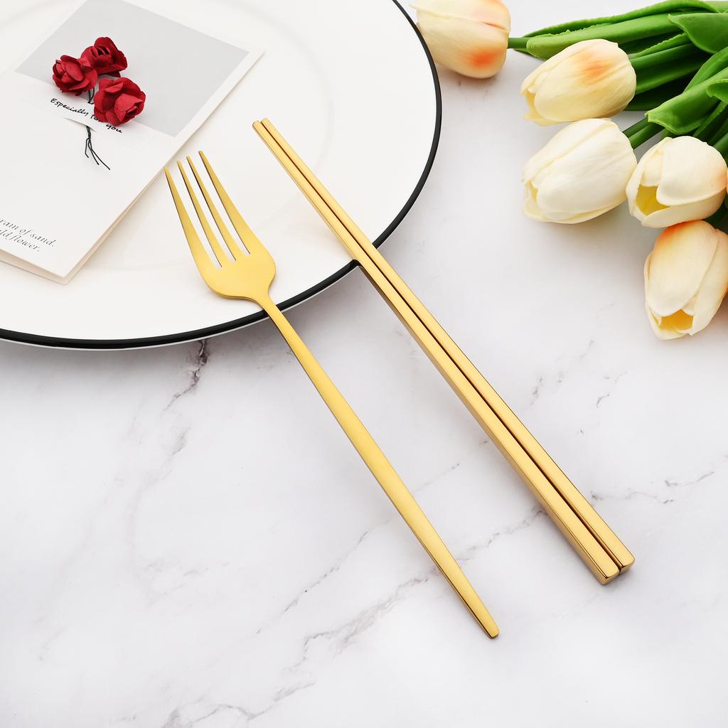 2Pcs Black Stainless Steel Set Cutlery Dinner Fork Chopsticks Portable Dinnerware Set Silverware Western Kitchen Home Tableware