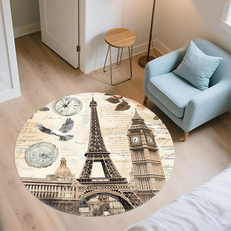 Vintage Eiffel Tower,Round Area Rug,Carpet Rug for Living Room Bedroom Sofa Playroom Decor,Non-slip Floor Mat