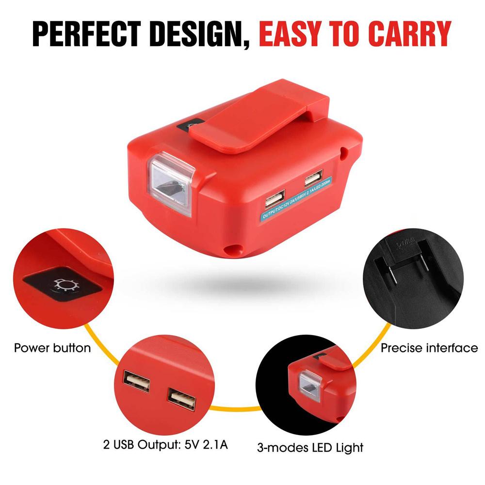 With LED Work Light 2-USB Ports Adapter for Milwaukee M18 18V Power Source Adapter