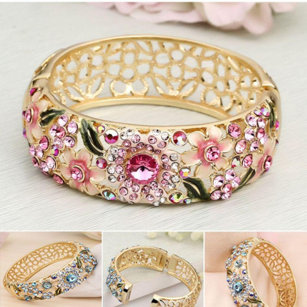 Ethnic Chinese Cloisonne Bracelet Rhinestone Women's Hand Bracelet Hollow Out Flower Bangle  Gifts