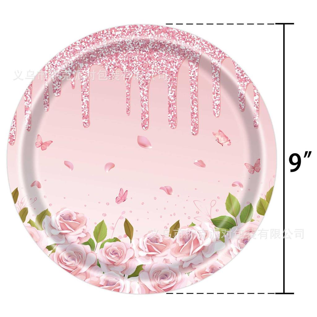 Elegant Pink Diamond Flower Disposable Tableware Set Wedding Birthday Party Plates Cups Decor