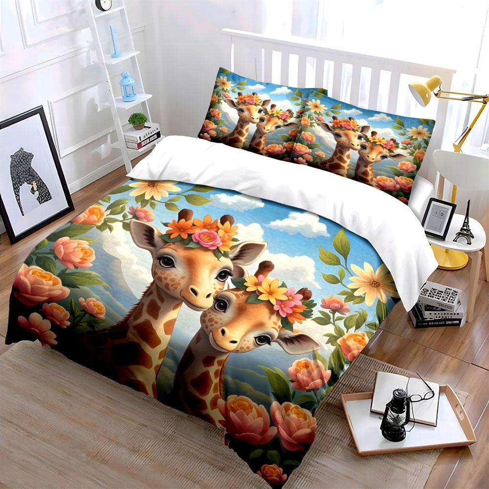 3Pcs Two Giraffes With Floral Crowns Duvet Cover Set With 3D Printing Design Soft Polyester Bedding Set All-Season Comfort