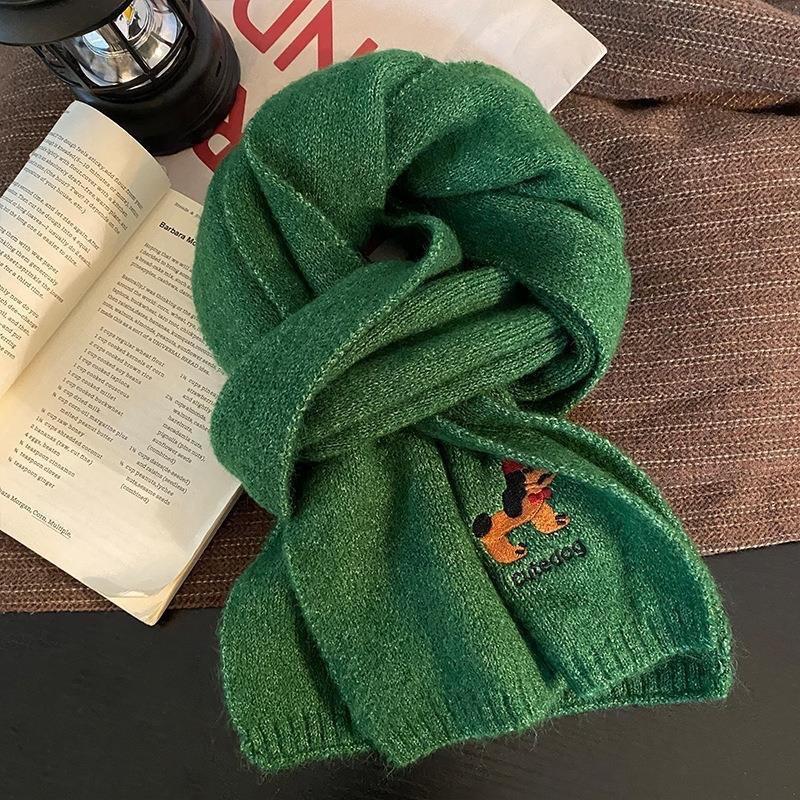 Korean Style Cute Puppy Embroidered Scarf for Women Winter Fashion Wool Blended Shawl Thickened Warm and Cold Proof Knitted Scarf