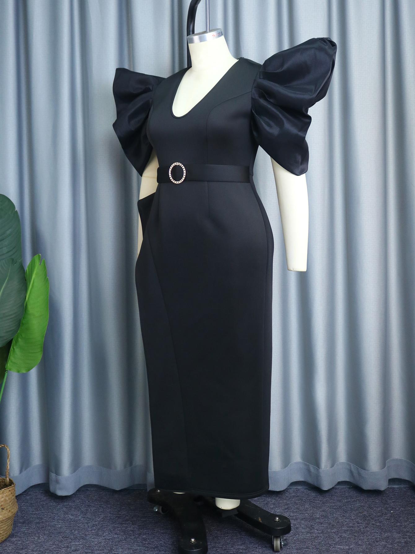 Длинные вечерние черные платья для женщин с короткими рукавами с рюшами плиссированные — фото 3