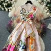 Spring France Elegant Vintage Palace Evening Dress Women Print Sashes Mesh Long Party Dress Female Casual Holiday Clothing New