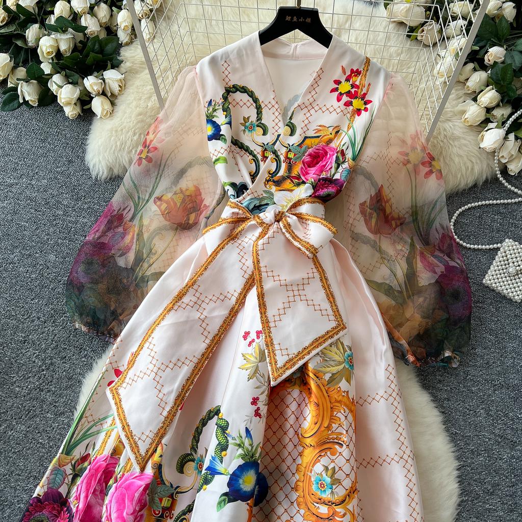 Spring France Elegant Vintage Palace Evening Dress Women Print Sashes Mesh Long Party Dress Female Casual Holiday Clothing New