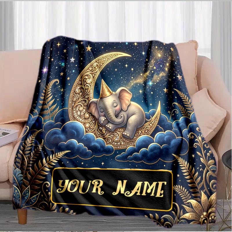1PC Custom Name Elegant Elephant Moon Night blanket versatile,all-season throw suitable for the living room,bedroom,camping,travel,and gift