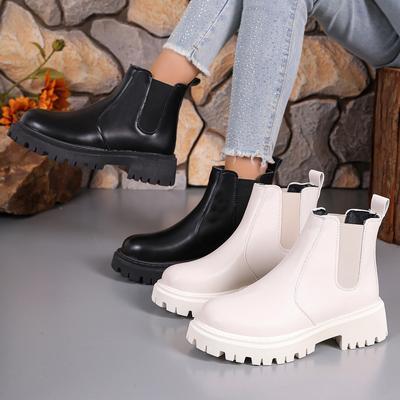 Botas Femininas da Moda Outono Inverno Clássicos Botas Chelsea Femininas Plataforma de Couro Botas Curtas Outdoor Slip-on Faixa Goth Sapatos Femininos