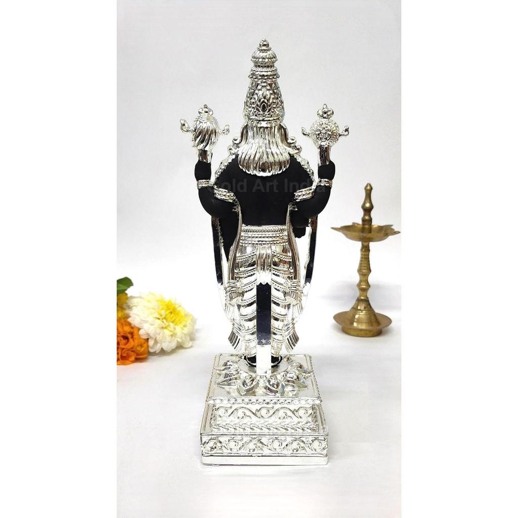 Lord Tirupati Balaji Silver Plated Black Terracotta Idol for Car Dashboard | Vishnu Ji Idol for Office Desk |