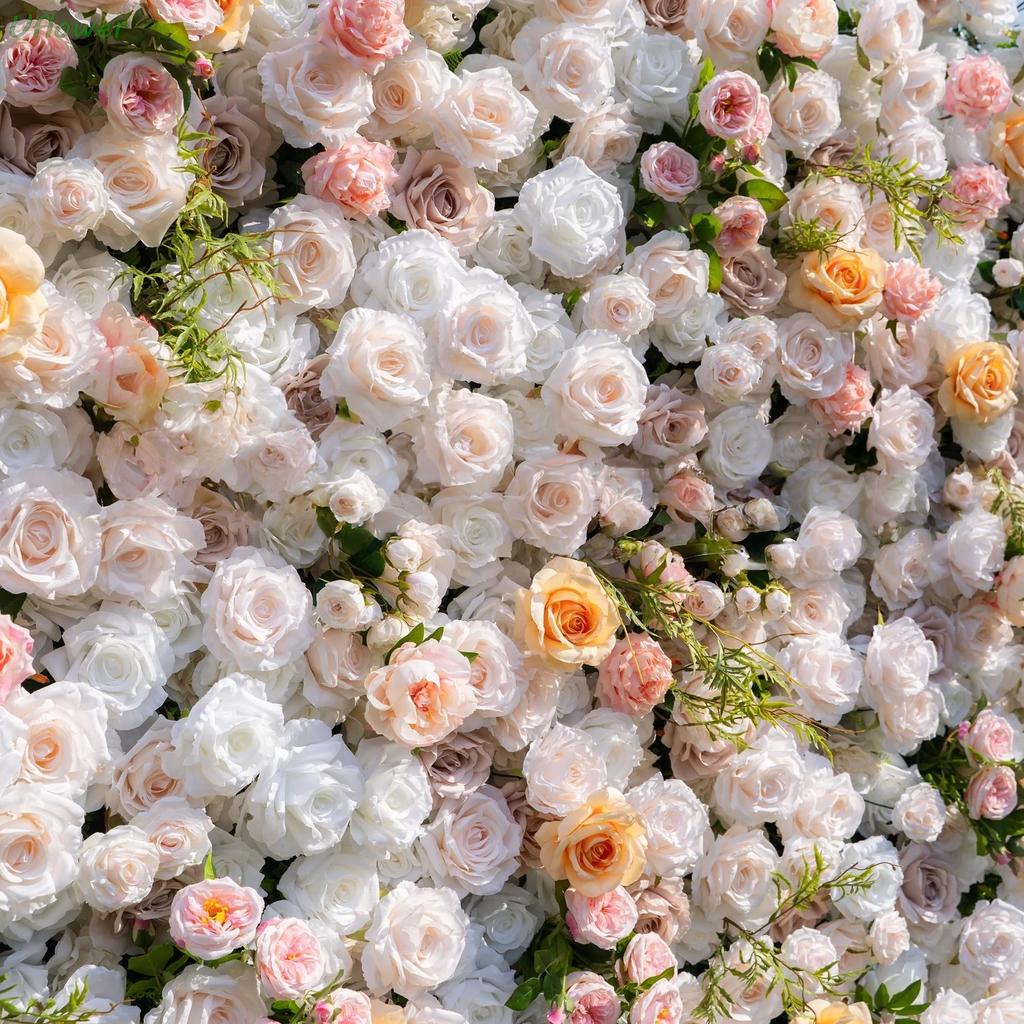 Uflower Artificial Flower Wall Roll-Up White Champagne Rose Hanging Fabric Floral Backdrop for Wedding Event Party Decorations