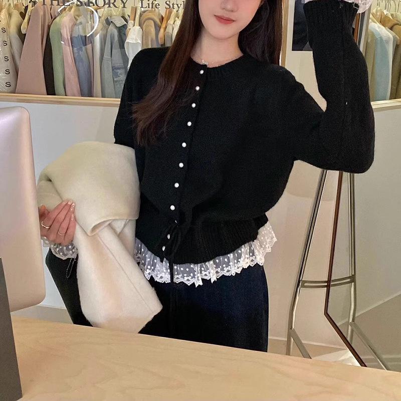 Spring and Autumn New Lace Splicing Sweet Knitted Cardigan Top Women's Waist Skinny Lace Sweater Jacket Women