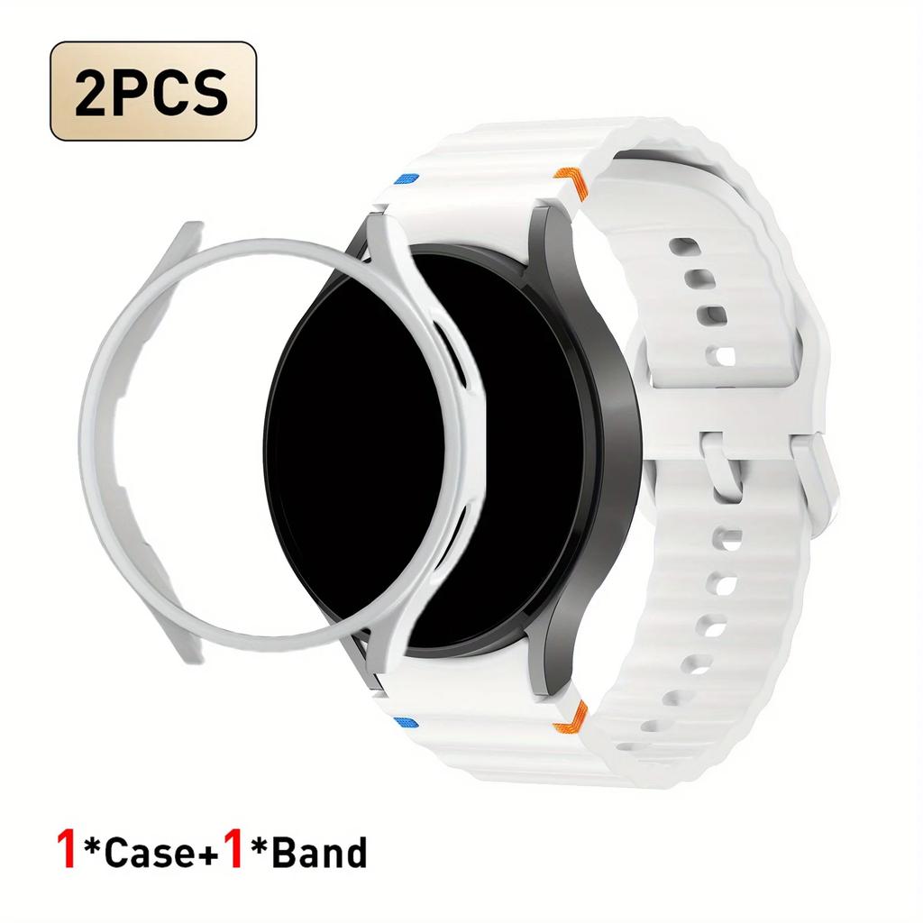 2pcs Strap & PC Case for Watch7/6/5/5Pro/4/FE Original Wave Stitch Color Buckle Semi-Covered Sweat-Proof for Sports