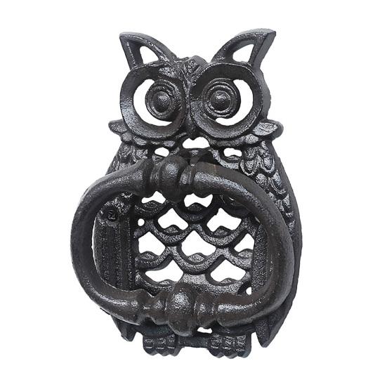 Huaqianguhh Retro Owl Door Knocker, Wrought Iron Hollow Carved Wall Decor, Multi-use Thickened Rustproof Cabinet Pull Handle, Pre-Drilled Holes