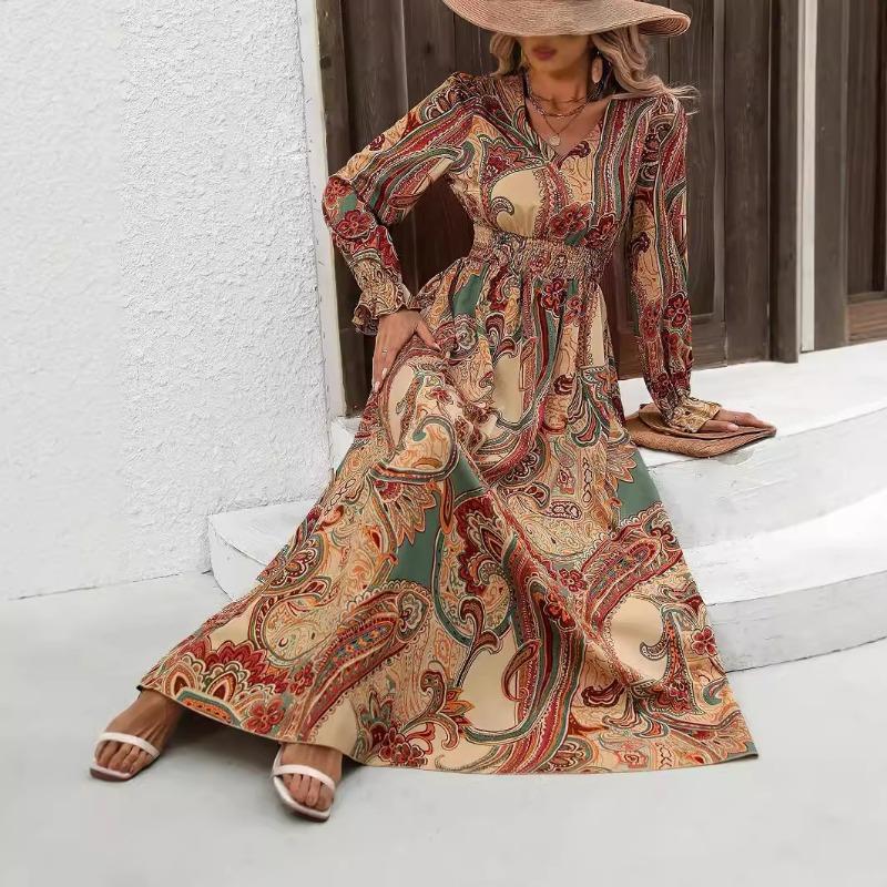 Women's Long-sleeved V-neck Waist Plus Size Printed Dress