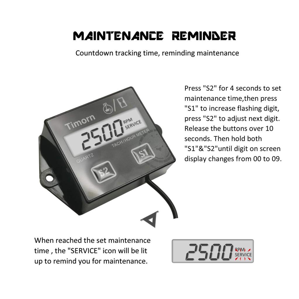 Tachometer For Small Engine,Inductive Hour Meter For 2 Stroke & 4 Stroke Small Engine, Timorn Replaceable Battery Waterproof Tachometer For Chaaw