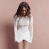 Spring Autumn Round Neck Solid Color Pleated Knot Mini Dress Women Long Sleeve Slim Robe Vestidos
