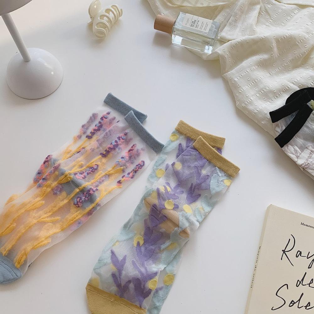 Sweet Floral Women's Socks Transparent Long Socks Fashion Crystal Silk Socks  Summer