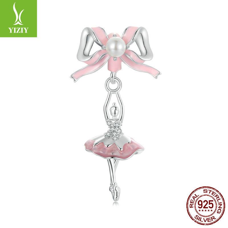 Pink Love Ballet Girl Diy Beaded Accessories Charm S925 Silver Sweet Bow Pendant
