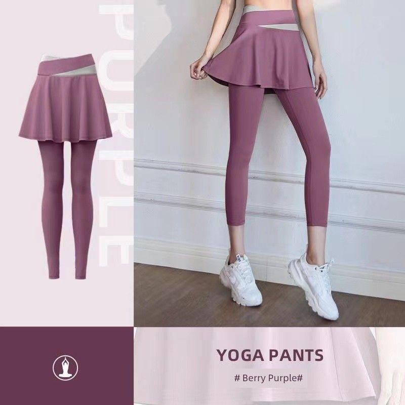 

Color Matching Fitness Sports Running Butt-Lift Underwear Outdoor Tennis Nude Feel Fashion Tape Thigh-Length Skirt Fake Two-Piece Yoga Pants Fuchsia (Fake Two-Piece Culottes) M