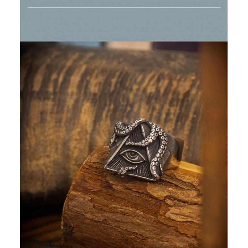 Adjustable Open Ring With All-Seeing Eye Motif Sterling Gothic Punk Retro Unisex Finger