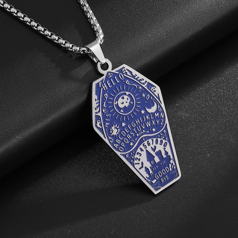 Retro Bat Coffin Castle Badge Stainless Steel Pendant Necklace for Men and Women Punk Halloween Jewelry Gift