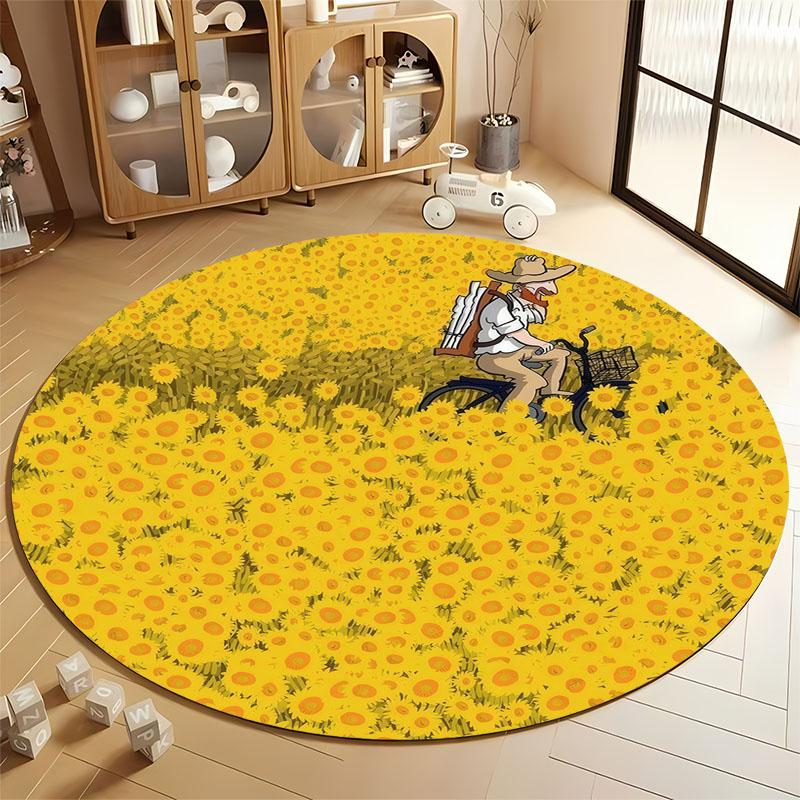 

Cycling Through Sunflower Field Round Carpet Perfect for Living Room Decor round carpet for home sofa bedroom, gift Diameter 60cm