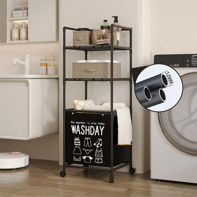 Sturdy Metal Frame Laundry Hamper Rolling Wheels Foldable Designs Removable Shelves for Home Organization Daily Use
