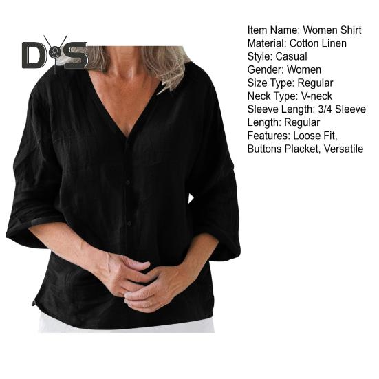 Dámská košile volného střihu s výstřihem do V a 3/4 rukávy, letní top se zapínáním na knoflíky, jednobarevné ležérní tričko pro každodenní nošení
