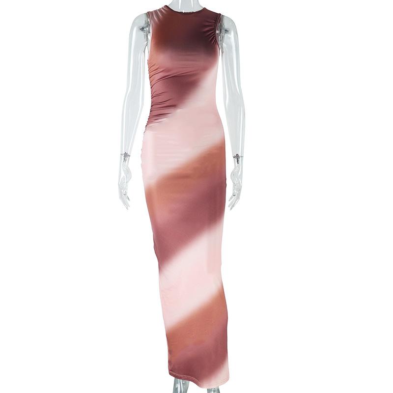 

Женское модное платье-футляр с круглым вырезом и постепенным принтом, без рукавов, плиссированная юбка, прикрывающая ягодицы L коричневый