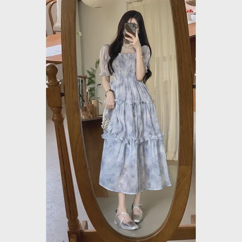 Summer Retro Floral Square Collar Dress in Milky Blue