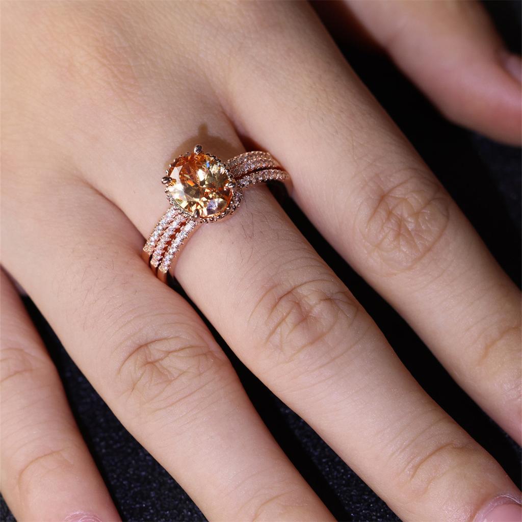 Ensemble de bagues de mariage en pierre de champagne ovale de couleur or rose, 2 pièces/ensemble, bijoux cadeaux pour la Saint-Valentin