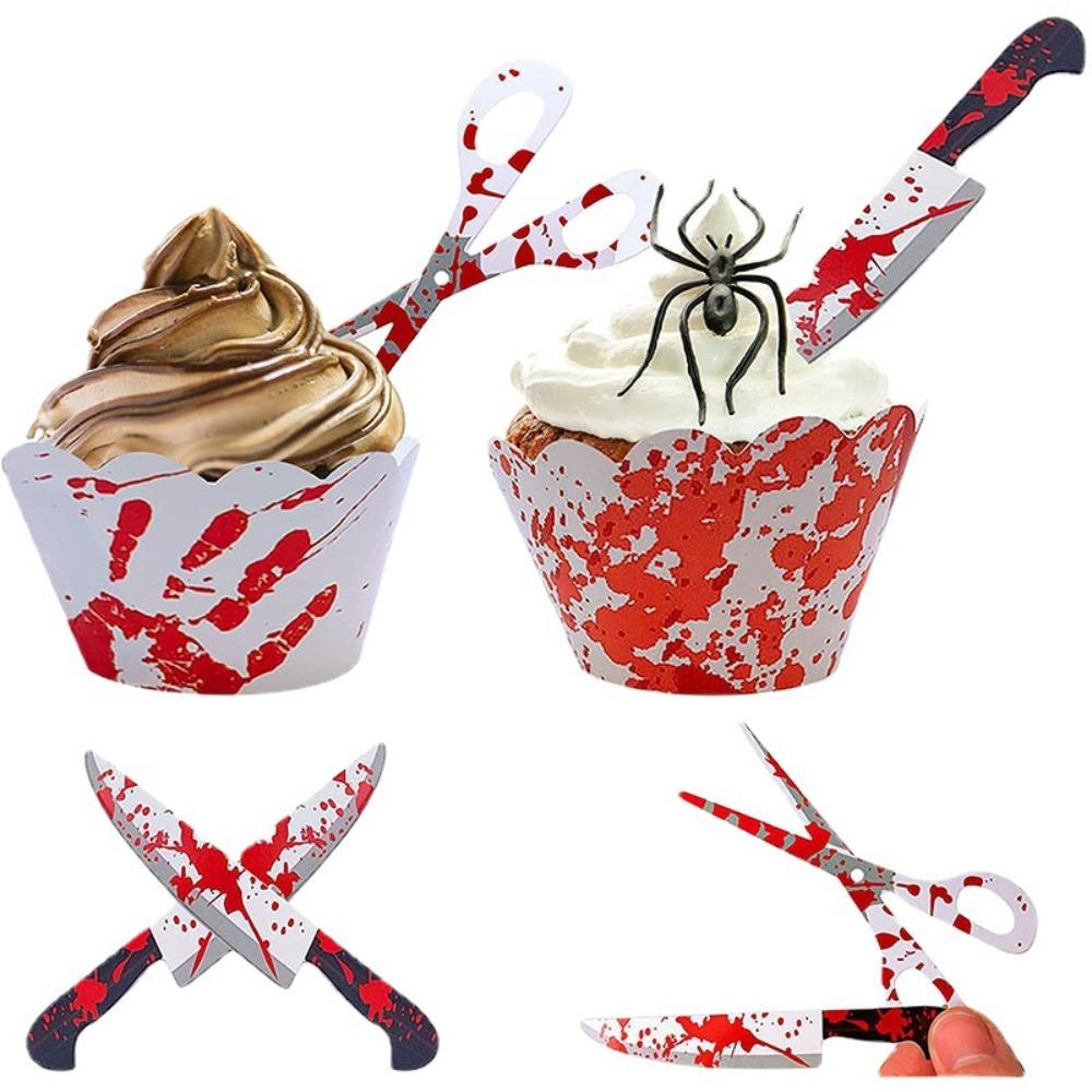 

24pcs Knife Scissors Shaped Blood Handprint Cupcake Wrapper Ghost Festival