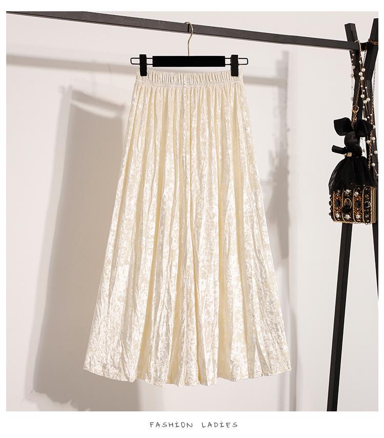 Pleated Velvet A-Line Skirt: Women's Versatile Mid-Length High-Waisted Slimming Style for Autumn and Winter