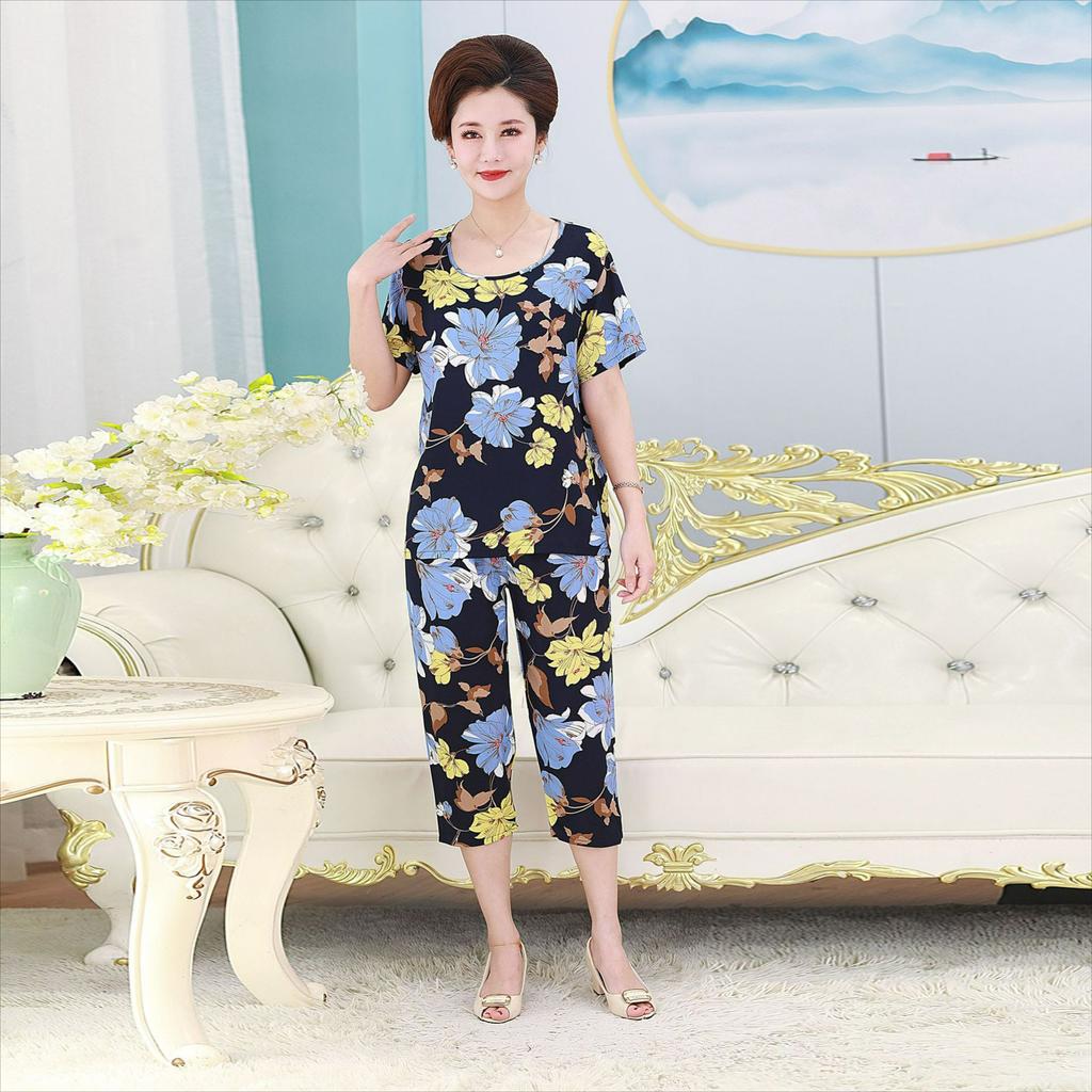 Women's Summer Suits, Casual Plus Size Artificial Cotton Short-sleeved Middle-aged Mother Pajamas, Homewear