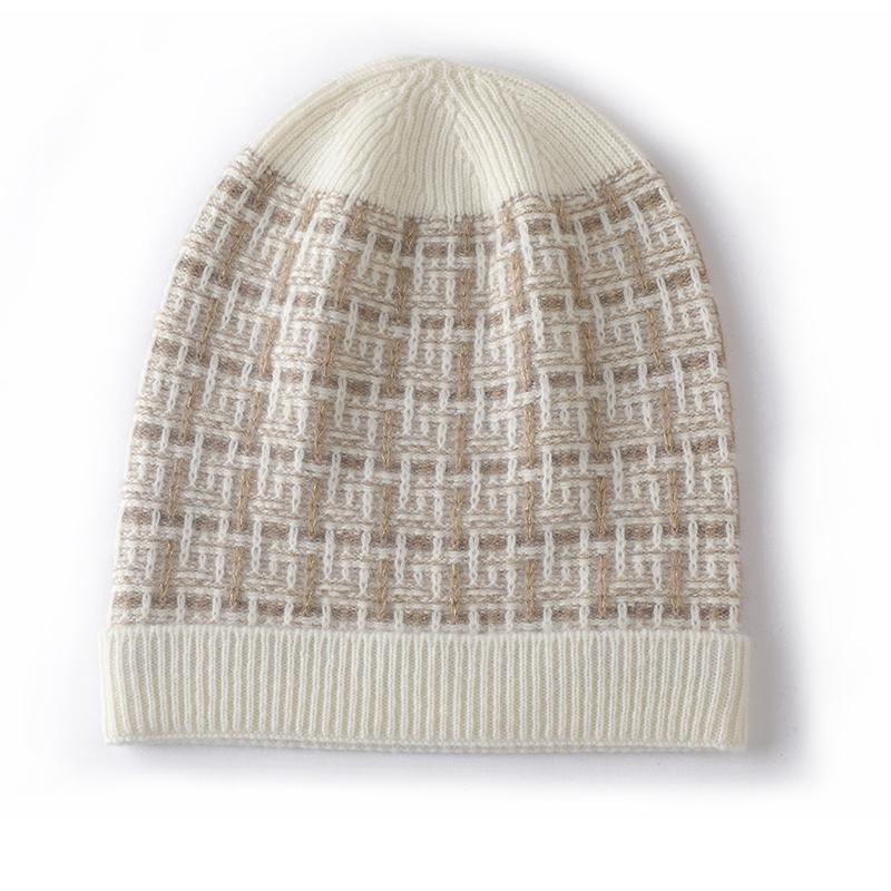 Women Colorful Silk Pure Cashmere Knit Beanie Hat Warm Winter Fashion Checkered Pattern Headwear Soft Cozy Casual Cap Dedicate