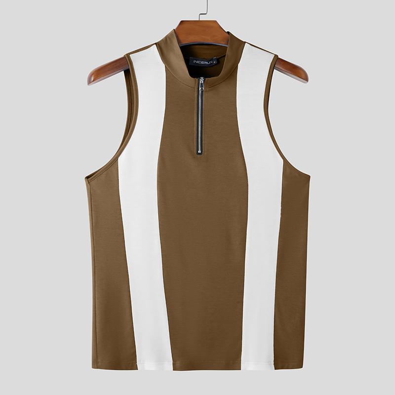 

INCERUN Летние мужские майки без рукавов на молнии с полосками, облегающие футболки-борцовки M коричневый