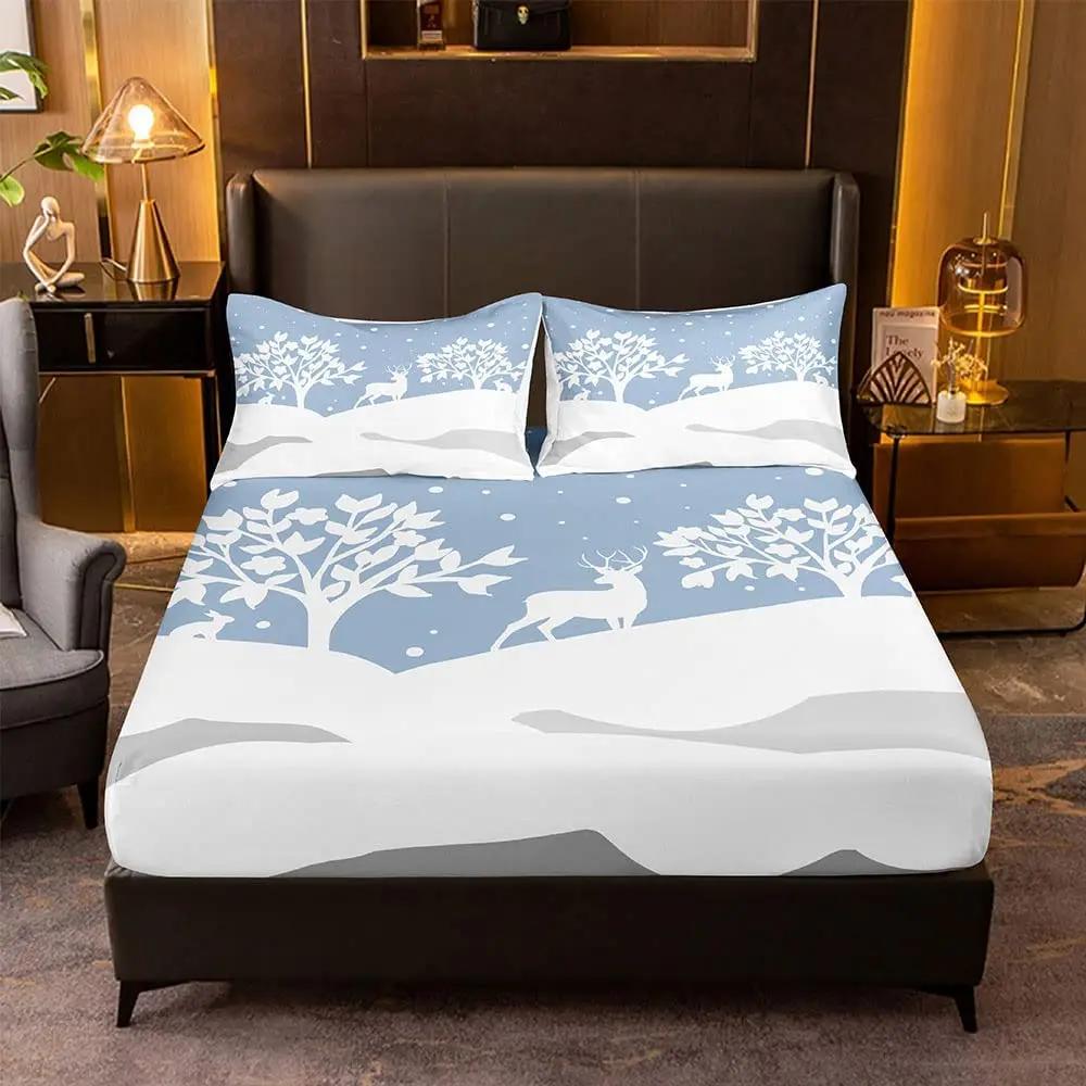Elk Pattern Fitted Sheet with 2 Pillowcases Forest Deer Wild Animals Bedding Sets Kids Teens Bedroom Bed Cover King Queen Size